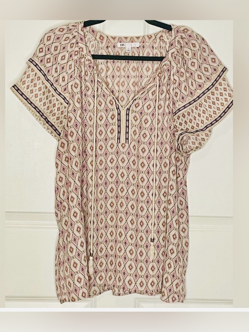 DR2 by Daniel Rainn Boho Peasant Blouse Women’s XL Pink Geometric Tassel Top